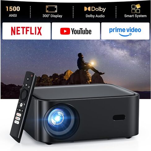 1500 ANSI lumens built-in streaming app full HD smart projector, HAPPRUN 4K projector, supports Wi-Fi and Bluetooth, Dolby audio, 300-inch large screen, suitable for home, outdoor, and indoor viewing in Saudi Arabia