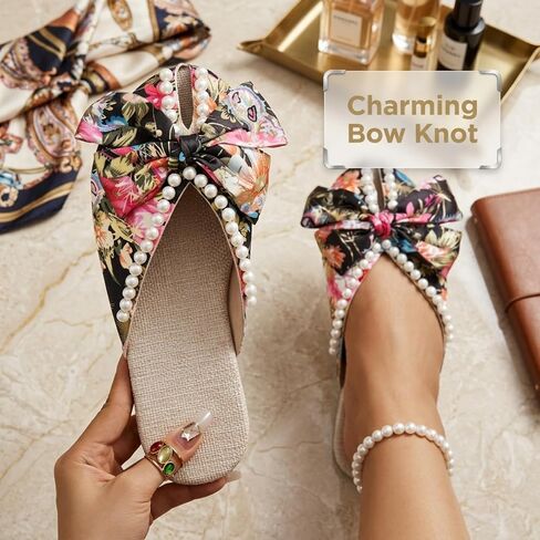 Women's Satin Flat Mules, Floral Print Design, Pearl Bow Decor, Vintage Oriental Style, Slip-On Loafer Slippers, Summer Casual Flat Sandals in Kuwait