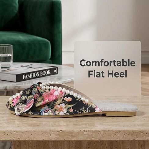 Women's Satin Flat Mules, Floral Print Design, Pearl Bow Decor, Vintage Oriental Style, Slip-On Loafer Slippers, Summer Casual Flat Sandals in Kuwait