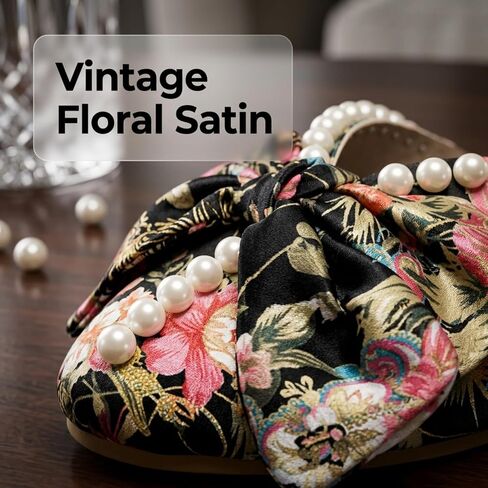 Women's Satin Flat Mules, Floral Print Design, Pearl Bow Decor, Vintage Oriental Style, Slip-On Loafer Slippers, Summer Casual Flat Sandals in Kuwait