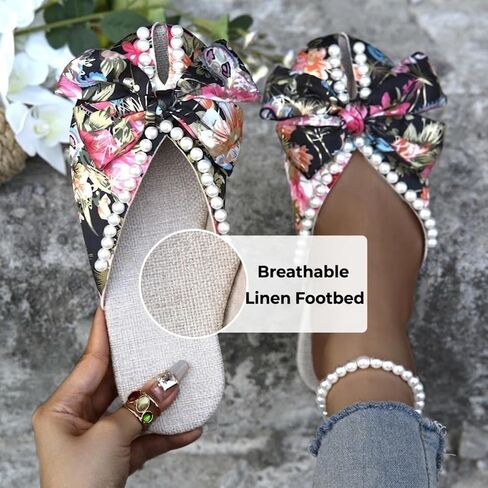 Women's Satin Flat Mules, Floral Print Design, Pearl Bow Decor, Vintage Oriental Style, Slip-On Loafer Slippers, Summer Casual Flat Sandals in Kuwait