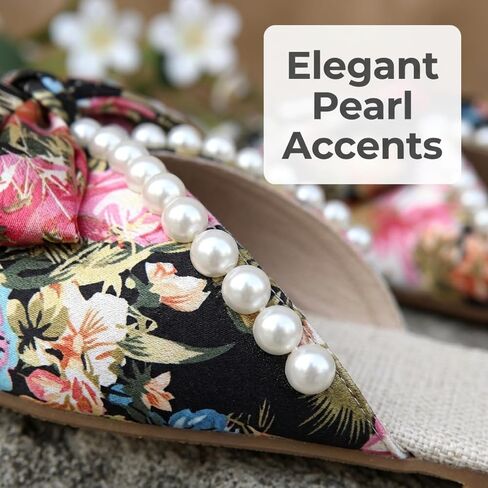 Women's Satin Flat Mules, Floral Print Design, Pearl Bow Decor, Vintage Oriental Style, Slip-On Loafer Slippers, Summer Casual Flat Sandals in Kuwait