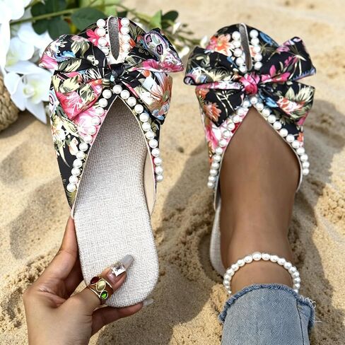 Women's Satin Flat Mules, Floral Print Design, Pearl Bow Decor, Vintage Oriental Style, Slip-On Loafer Slippers, Summer Casual Flat Sandals in Kuwait