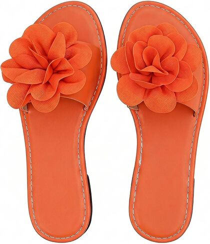 RoseSeek Womens 3d Floral Flat Slip On Leather Slide Sandals | Open Toe, Beach Vacation, Summer, Slippers for Women in Kuwait