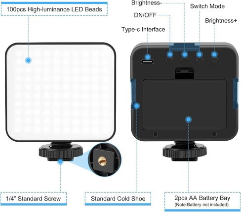 LED Video Light, Bi Color 2900 6500K Adjustable Brightness CRI 85, with Cold Shoe Mount and Type C Port, for Camera Photography Videography Live Streaming in Saudi Arabia
