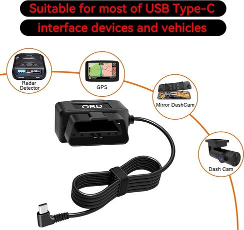 OBDII Power Cable for Dash Camera Type C USB OBD2 Adapter | Hardwire Charger Cable for 24 Hours,Acc Two Mode with Switch Button Protection 11.6-36V to 5V/3A ,Right Angle (3.5M/11.5") in Saudi Arabia