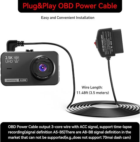 OBDII Power Cable for Dash Camera Type C USB OBD2 Adapter | Hardwire Charger Cable for 24 Hours,Acc Two Mode with Switch Button Protection 11.6-36V to 5V/3A ,Right Angle (3.5M/11.5") in Saudi Arabia