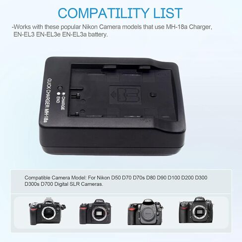 MH-18a EN-EL3 EN-EL3e EN-EL3a Battery Charger Compatible with Nikon D50 D70 D70s D80 D90 D100 D200 D300 D300s D700 Digital SLR Cameras & 120cm AC Power Cord in Saudi Arabia