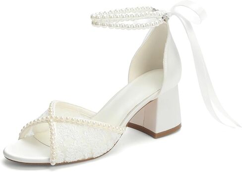 Low Heel Lace Wedding Shoes for Bride Pearl Heels Bridal Shoes in Saudi Arabia