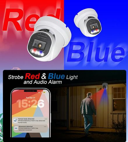SINIS 4K 8MP PoE Security IP Turret Camera Outdoor Use Alone or with NVR | Strobe Red & Blue Light and Audio Alarm,2-Way Talk,Smart Dual Light Color Night Vision,AI Human Detect,Up to 512G SD,Metal in Kuwait
