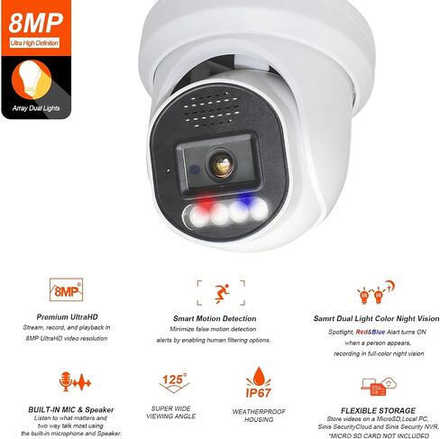 SINIS 4K 8MP PoE Security IP Turret Camera Outdoor Use Alone or with NVR | Strobe Red & Blue Light and Audio Alarm,2-Way Talk,Smart Dual Light Color Night Vision,AI Human Detect,Up to 512G SD,Metal in Kuwait