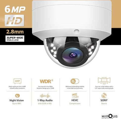 Marquis 4MP PoE IP Dom Camera with Microphone, Audio, IP Security Camera Outdoor Night Vision 98ft Weatherproof IP67 Vandal-Proof Wide Angle 2.8mm (3-Axis) in Saudi Arabia
