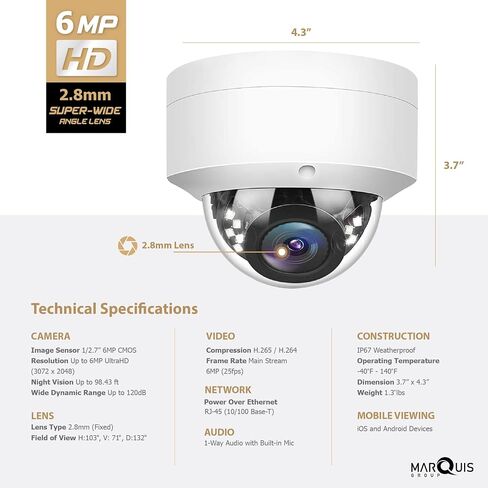 Marquis 4MP PoE IP Dom Camera with Microphone, Audio, IP Security Camera Outdoor Night Vision 98ft Weatherproof IP67 Vandal-Proof Wide Angle 2.8mm (3-Axis) in Saudi Arabia