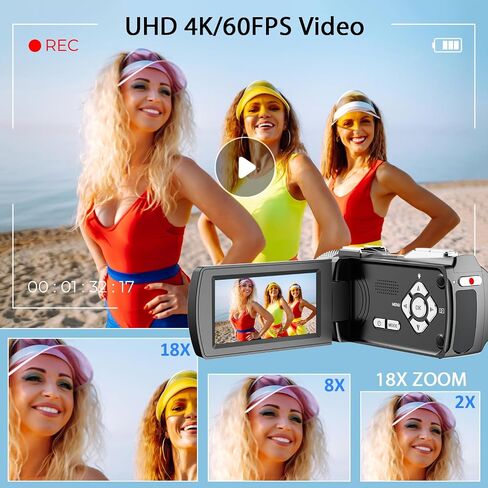 4K 60FPS Video Camera Camcorder, 48MP UHD YouTube Vlogging Camera with Wireless Lavalier Microphone,18X Digital Zoom,3 Inch 270° IPS Screen for Vlogging Travel Outdoor in Kuwait