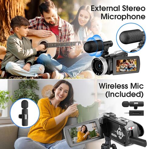4K 60FPS Video Camera Camcorder, 48MP UHD YouTube Vlogging Camera with Wireless Lavalier Microphone,18X Digital Zoom,3 Inch 270° IPS Screen for Vlogging Travel Outdoor in Kuwait