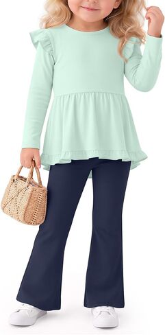 Baby Toddler Girls 2 Piece Outfits | Pants Set, Ruffle Long Sleeve, Peplum Top, Flare Pants, Bell Bottoms, Baby Clothes, Casual, Family Photos, Travel, Vacation in Saudi Arabia