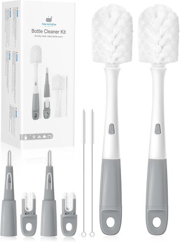 Termichy Baby Bottle Brush Set: 2 Pack Kit 360° Clean All Feeding Essential | Snap on Brush Easy to Assemble - 4-in-1 Set Efficient Remove Milk Residue for Nipples Straws Narrow Necks & Breast Pump Parts in Saudi Arabia