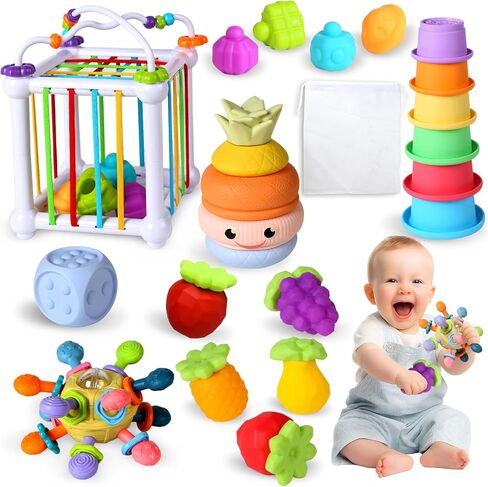 6-in-1 Montessori Baby Toys for 6-12-18 Months, Include Shape Sorter Sensory Bin, Stacking Rings, Baby Bath Toys,Soft Fruit, Infant Baby Learning Toys Gifts for 6-12-18 Months Boys Girls in Kuwait