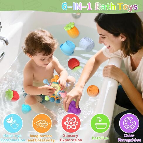 6-in-1 Montessori Baby Toys for 6-12-18 Months, Include Shape Sorter Sensory Bin, Stacking Rings, Baby Bath Toys,Soft Fruit, Infant Baby Learning Toys Gifts for 6-12-18 Months Boys Girls in Kuwait