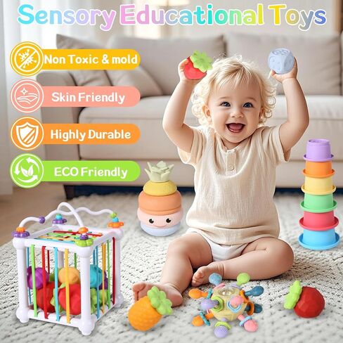 6-in-1 Montessori Baby Toys for 6-12-18 Months, Include Shape Sorter Sensory Bin, Stacking Rings, Baby Bath Toys,Soft Fruit, Infant Baby Learning Toys Gifts for 6-12-18 Months Boys Girls in Kuwait