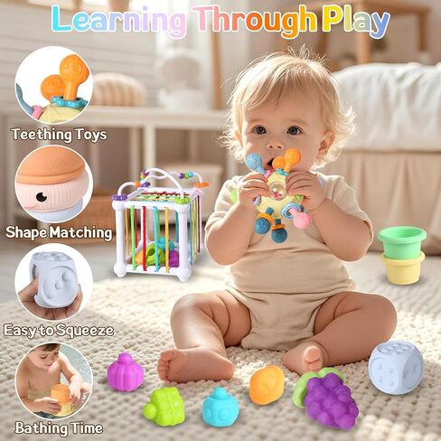 6-in-1 Montessori Baby Toys for 6-12-18 Months, Include Shape Sorter Sensory Bin, Stacking Rings, Baby Bath Toys,Soft Fruit, Infant Baby Learning Toys Gifts for 6-12-18 Months Boys Girls in Kuwait
