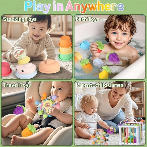 6-in-1 Montessori Baby Toys for 6-12-18 Months, Include Shape Sorter Sensory Bin, Stacking Rings, Baby Bath Toys,Soft Fruit, Infant Baby Learning Toys Gifts for 6-12-18 Months Boys Girls in Kuwait