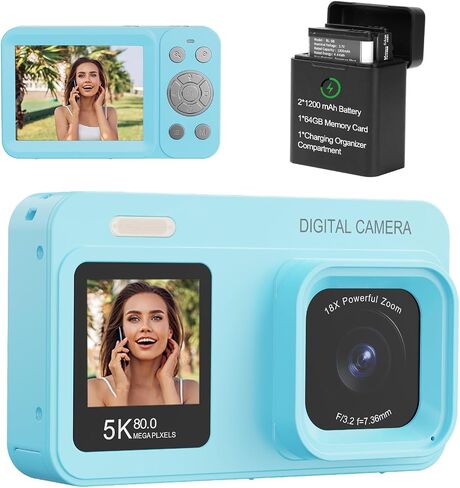 Upgraded 5K Dual Screen Digital Camera,80MP Vlog Photography Camera for YouTube,Campus,Travel,Compact Point & Shoot Camera for Teens & Beginners with Autofocus,18x Zoom,Anti-Shake,Blue in Saudi Arabia