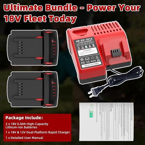 2 Pack 18 V 6.0 Ah Battery and Charger, Replacement for Milwaukee 18V Battery 48-11-1850, Compatible with M18 Cordless Tools in Saudi Arabia