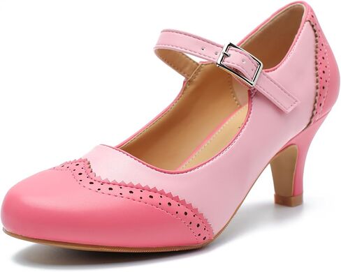 Womens Mary Jane Double-Tone Oxford Pumps Comfortable Low Kitten Heel Retro Ankle Strap Round Toe Dress Shoes Pink US 7.5 in Saudi Arabia