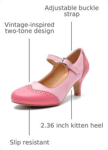 Womens Mary Jane Double-Tone Oxford Pumps Comfortable Low Kitten Heel Retro Ankle Strap Round Toe Dress Shoes Pink US 7.5 in Saudi Arabia