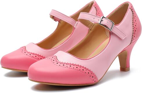 Womens Mary Jane Double-Tone Oxford Pumps Comfortable Low Kitten Heel Retro Ankle Strap Round Toe Dress Shoes Pink US 7.5 in Saudi Arabia