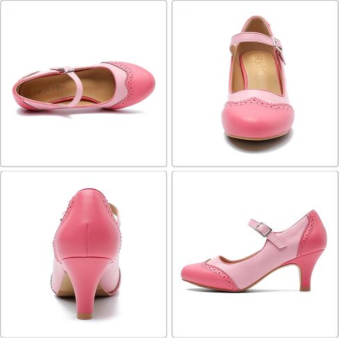 Womens Mary Jane Double-Tone Oxford Pumps Comfortable Low Kitten Heel Retro Ankle Strap Round Toe Dress Shoes Pink US 7.5 in Saudi Arabia