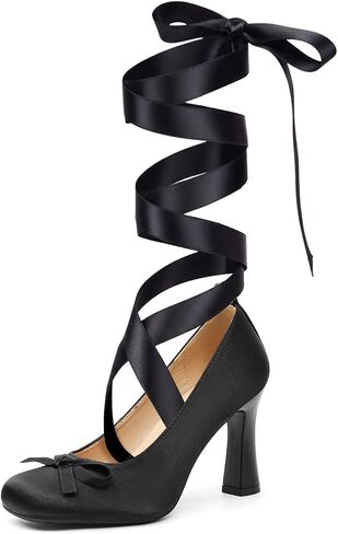 UniqueStride Women's Satin Ballet Heels Bow Pumps Lace Up Chunky Block High Heeled Square Toe Party Ballerina Mary Janes Elegant Party Shoes(Black, US Size 8) in Kuwait