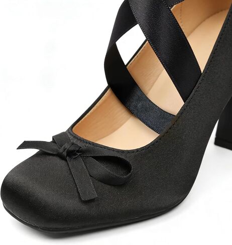 UniqueStride Women's Satin Ballet Heels Bow Pumps Lace Up Chunky Block High Heeled Square Toe Party Ballerina Mary Janes Elegant Party Shoes(Black, US Size 8) in Kuwait
