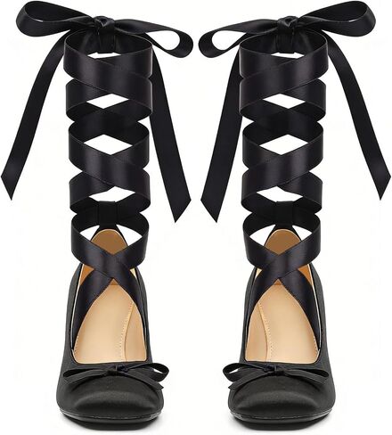 UniqueStride Women's Satin Ballet Heels Bow Pumps Lace Up Chunky Block High Heeled Square Toe Party Ballerina Mary Janes Elegant Party Shoes(Black, US Size 8) in Kuwait