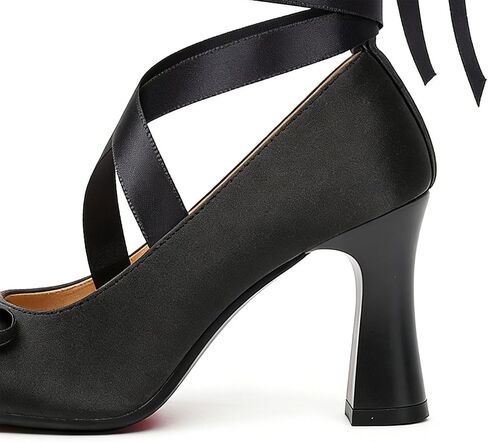 UniqueStride Women's Satin Ballet Heels Bow Pumps Lace Up Chunky Block High Heeled Square Toe Party Ballerina Mary Janes Elegant Party Shoes(Black, US Size 8) in Kuwait