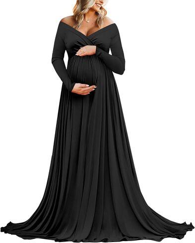 Saslax Maternity Dress Photoshoot Baby Shower Gown Black XL | Flowy Maxi Length,Formal Elegant,Gender Reveal,Wedding Guest,Photography,Special Occasions in Saudi Arabia
