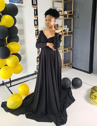 Saslax Maternity Dress Photoshoot Baby Shower Gown Black XL | Flowy Maxi Length,Formal Elegant,Gender Reveal,Wedding Guest,Photography,Special Occasions in Saudi Arabia