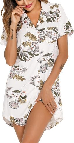 Anjue Short Sleeve Button Down Pajama Nightgowns for Women S-XXL | Summer,Pajamas dress,Ladies night shirt,Nighty,Pijamas de mujer,Robe,Hospital,Birthing,Nursing,Viscose,lightweight in Saudi Arabia