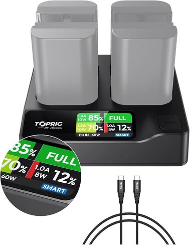 Accsoon Toprig Battery Charger 4-Channel PD60W Fast Charging with LCD Display, Compatible with Canon EOS EOS R5, R6 Mark II, 5D 6D 7D Mark II III IV, 60D 70D 80D DSLR Camcorder (LP-E6 Battery Charger) in Kuwait