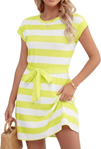 Women's Summer Dresses 2026 Striped Cap Sleeve Crewneck Casual A-Line T-Shirt Dress with Tie Waist Pockets in Kuwait