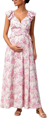 Maternity Ruffle Strap Floral Back Tie Cutout Maxi Dress | Ruffle strap open back tie｜Fit shower photoshoot | Outdoor maternity photoshoot | Summer holiday & brunch in Saudi Arabia