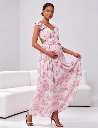 Maternity Ruffle Strap Floral Back Tie Cutout Maxi Dress | Ruffle strap open back tie｜Fit shower photoshoot | Outdoor maternity photoshoot | Summer holiday & brunch in Saudi Arabia