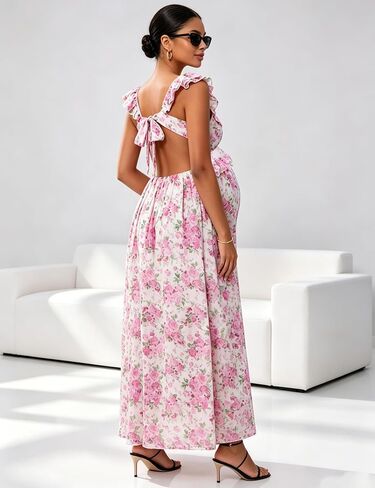 Maternity Ruffle Strap Floral Back Tie Cutout Maxi Dress | Ruffle strap open back tie｜Fit shower photoshoot | Outdoor maternity photoshoot | Summer holiday & brunch in Saudi Arabia