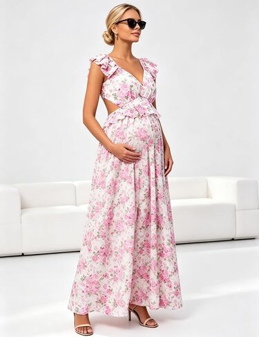 Maternity Ruffle Strap Floral Back Tie Cutout Maxi Dress | Ruffle strap open back tie｜Fit shower photoshoot | Outdoor maternity photoshoot | Summer holiday & brunch in Saudi Arabia