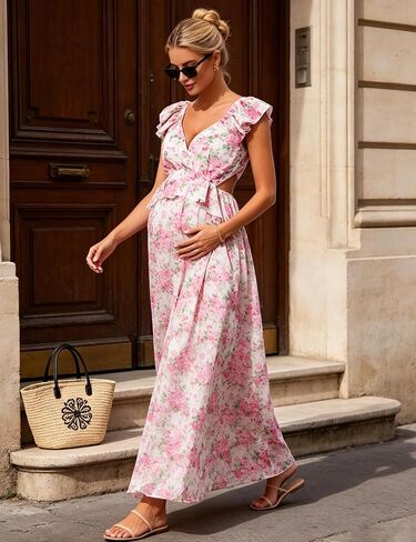 Maternity Ruffle Strap Floral Back Tie Cutout Maxi Dress | Ruffle strap open back tie｜Fit shower photoshoot | Outdoor maternity photoshoot | Summer holiday & brunch in Saudi Arabia