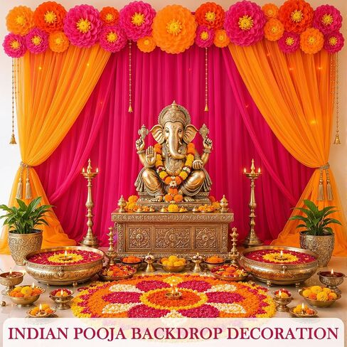 Indian Pooja Backdrop Decoration Set, Diwali Backdrop 4 Yellow Hot Pink Tulle Drapes and 12 Paper Flowers, Mehndi Home Decorations for Varalakshmi, Haldi, Puja, Festival Decor in Saudi Arabia