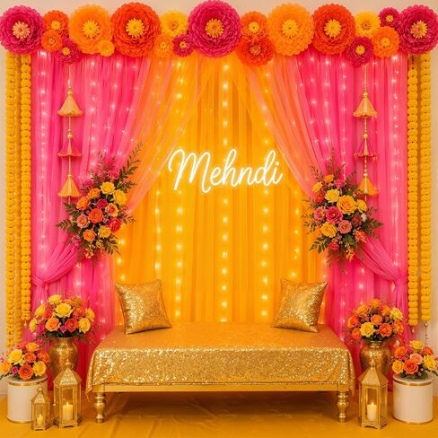 Indian Pooja Backdrop Decoration Set, Diwali Backdrop 4 Yellow Hot Pink Tulle Drapes and 12 Paper Flowers, Mehndi Home Decorations for Varalakshmi, Haldi, Puja, Festival Decor in Saudi Arabia