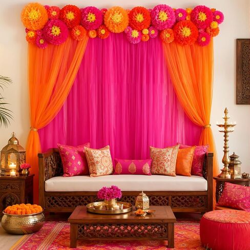 Indian Pooja Backdrop Decoration Set, Diwali Backdrop 4 Yellow Hot Pink Tulle Drapes and 12 Paper Flowers, Mehndi Home Decorations for Varalakshmi, Haldi, Puja, Festival Decor in Saudi Arabia