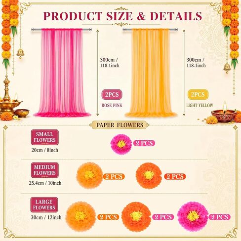 Indian Pooja Backdrop Decoration Set, Diwali Backdrop 4 Yellow Hot Pink Tulle Drapes and 12 Paper Flowers, Mehndi Home Decorations for Varalakshmi, Haldi, Puja, Festival Decor in Saudi Arabia